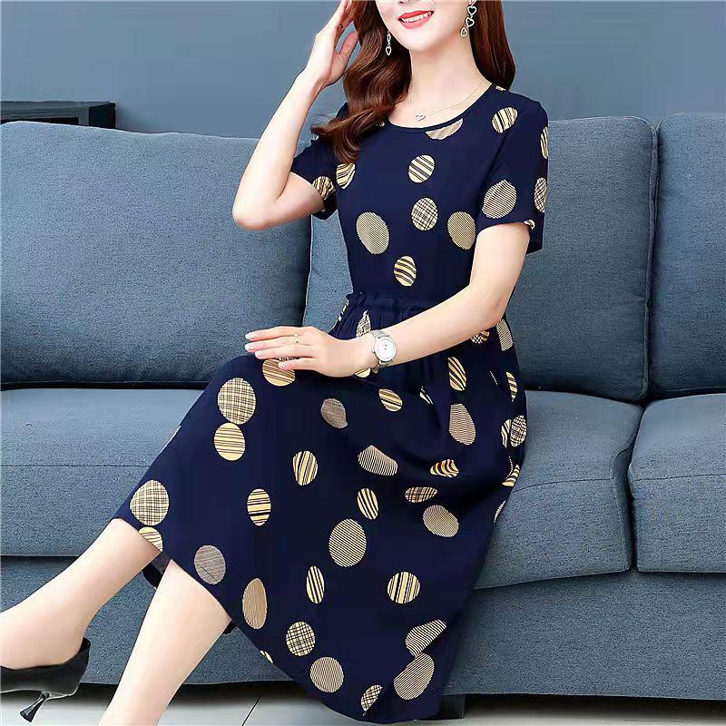 Plus Size Summer Dress for Middle-Aged & Elderly Women - Short Sleeve, Mid-Length - Southeast Asian Style