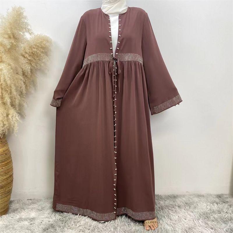 New Arrival Middle East Pure Color Hot Drilling Beading Shoelace Cardigan Robe Dress Lace up Cardigan Dress