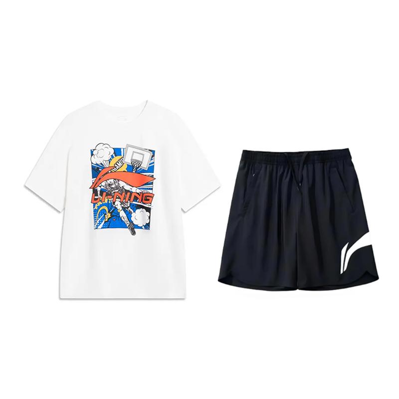 

Li-Ning Cartoon Logo Print Round Neck Short Sleeve T-Shirt Fashion Versatile Comfortable Trendy Shorts Casual Sports Suit AHSU805-2+YKSV197-2 L
