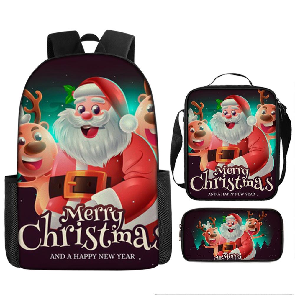 Santa Claus Christmas Tree Backpack Elementary School Bag Large Capacity Leisure Bag Lunch Bag Pencil Bag Three-piece Set