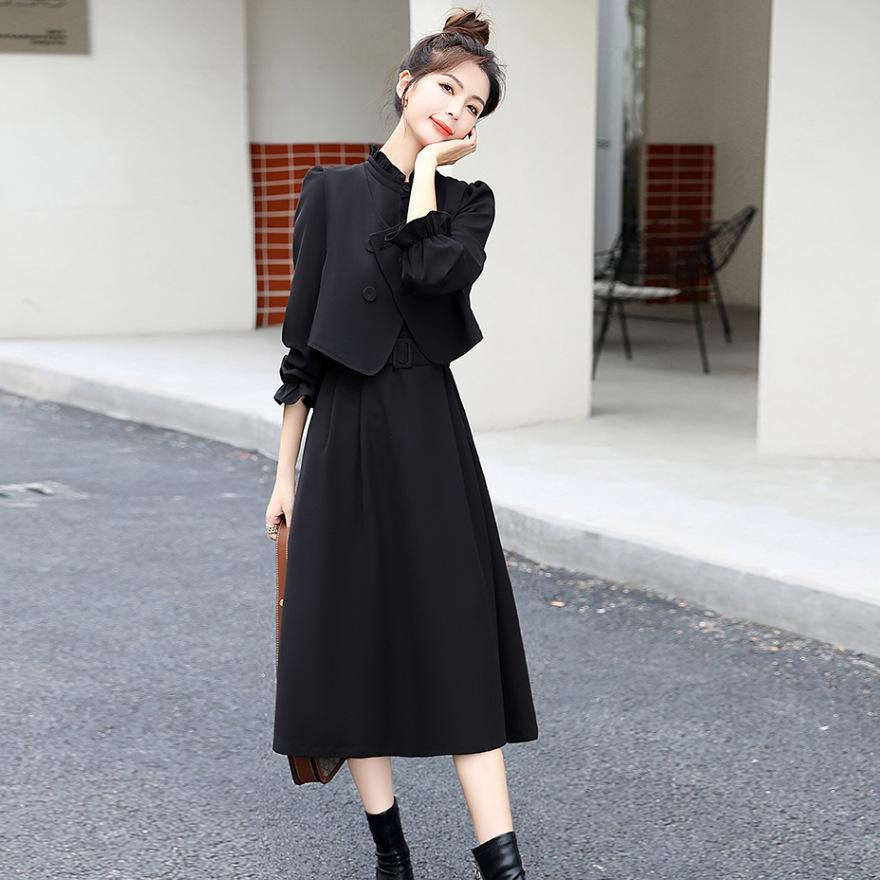 

Комплект из двух предметов: жилет и платье, новая женская одежда, весенне-осенний дизайн, маленький темпераментный костюм с юбкой XXXL чёрный