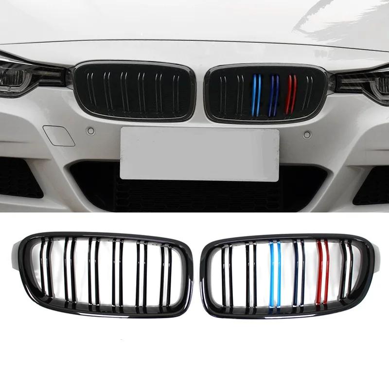 F30 Grill, Front Hood Kidney Grille For-BMW 3 Series F30 F31 F35 2013- (Double Slat Matt Black Grill, 2-Pc Set)