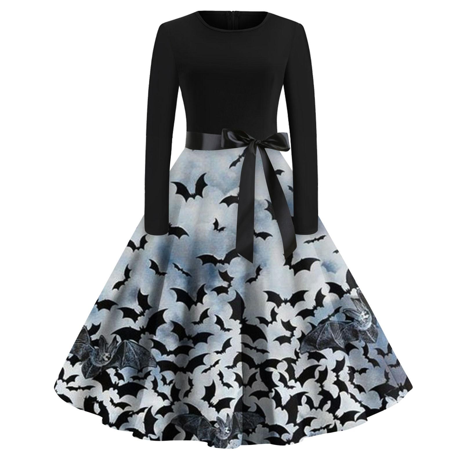 

Платье с расклешенным принтом на Хэллоуин для женщин, платье с длинным рукавом, полые вечерние повседневные платья XXL серый