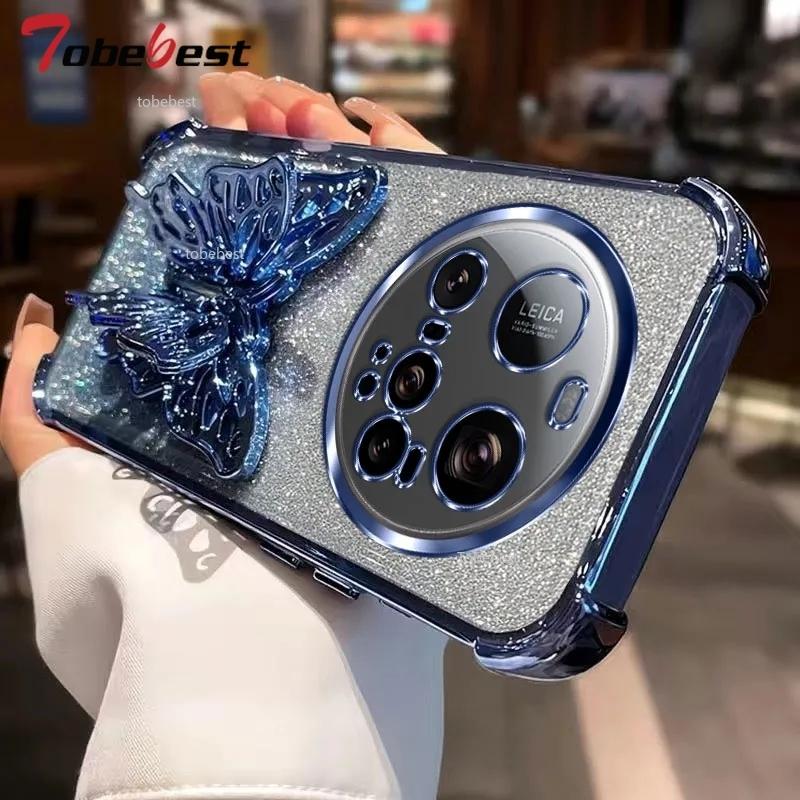 Shockproof Glitter Plating Case for Xiaomi 15 Ultra 14 14T 13 12 11 Pro Lite 3D Butterfly Phone Holder Bead bracelet Back Cover
