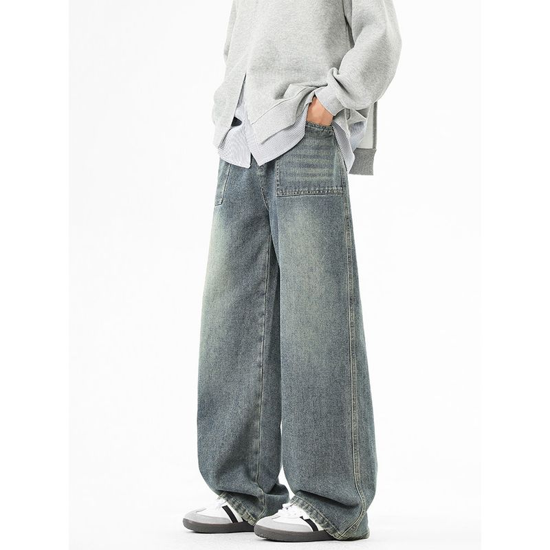 Wassup Retro Gradient Black Washed Jeans Men's Straight-Leg Cool Workwear Casual Trendy Wide-Leg Long Pants