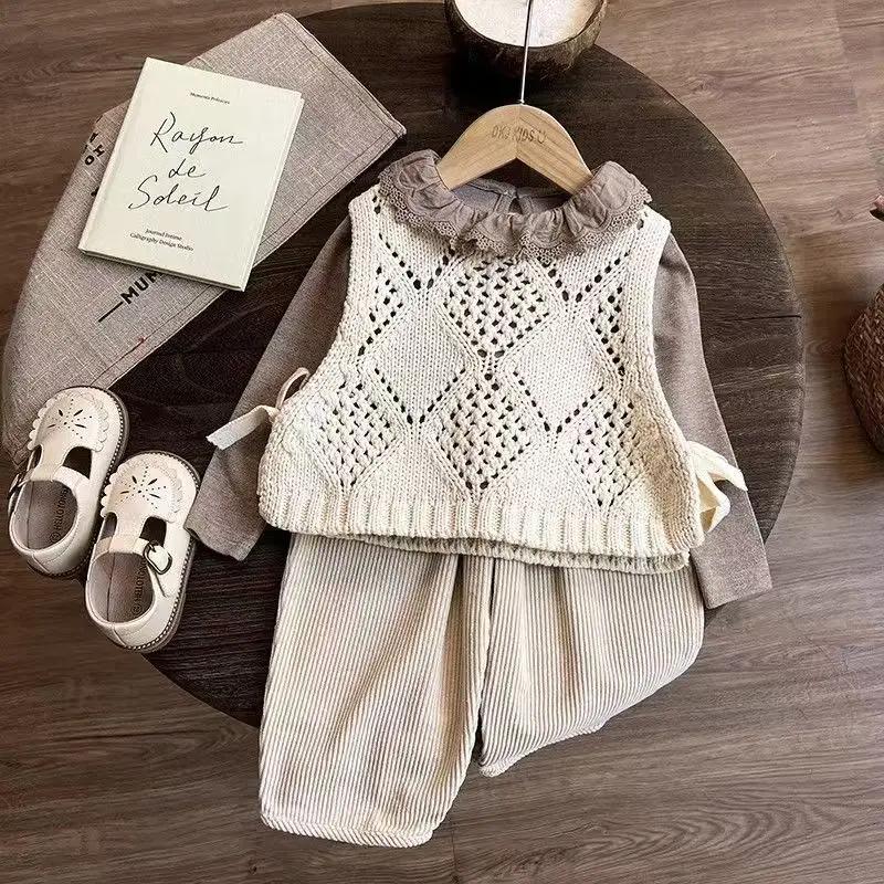 Childrens Clothing Set 2026 New Childrens Yarn Vest Base Shirt Baby Spring and Autumn Pants Three Piece Set