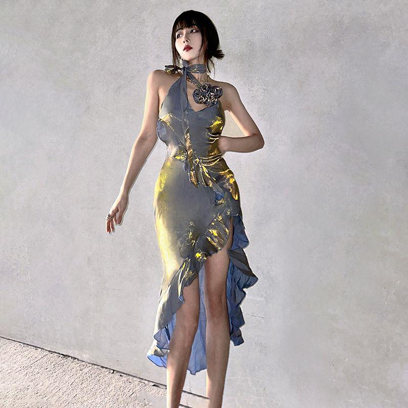 Women's Summer Retro Dresses Gradient Party Dress Backless Elegant Irregular Ruffle Korean Style Clothing