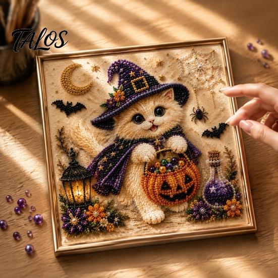 Creative Gifts for Cat Lovers Halloween Witch Hat DIY 3D Pearl Painting Kit with Frame, Hand-Pasted Art Craft Adults, Relaxing Handcrafted Living Room