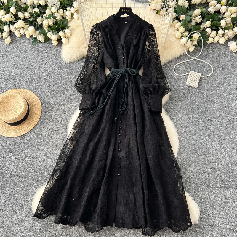 

French Style Classy Women s Clothing Dress 2025 Spring Tight Waist Machine Embroidery V-neck Lantern Sleeve Single-Breasted Long Skirt Black L