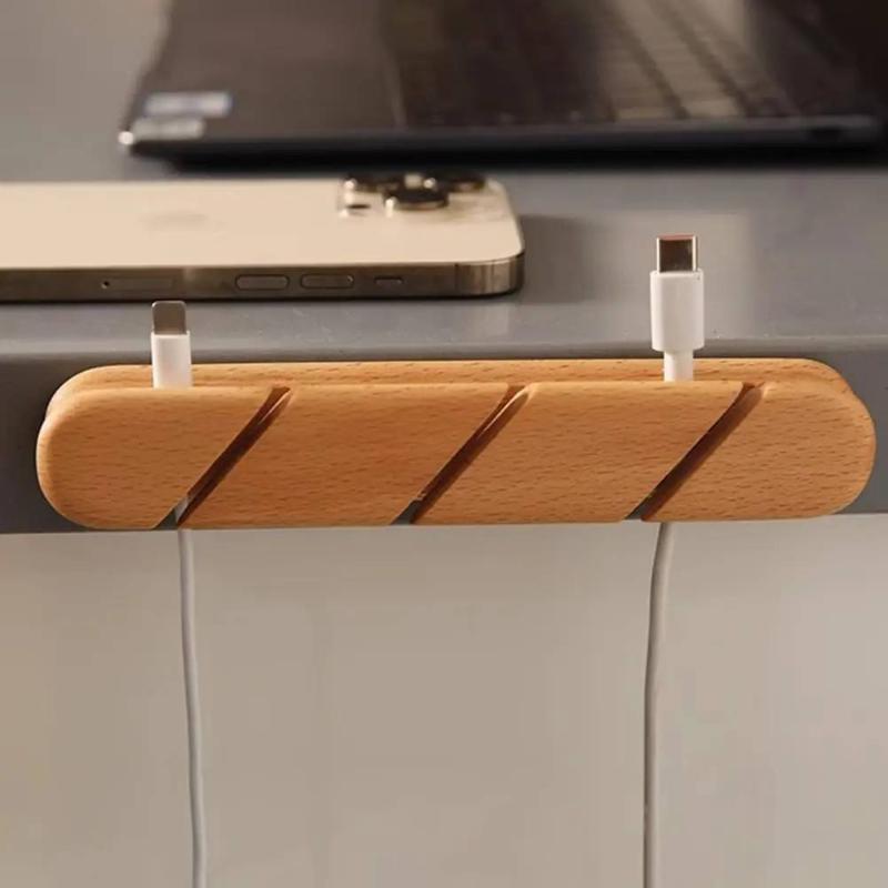 Solid Wood Cable Organizer Desktop Storage Box Secure Design For Data Cables Headphones Ideal For Office Workspace