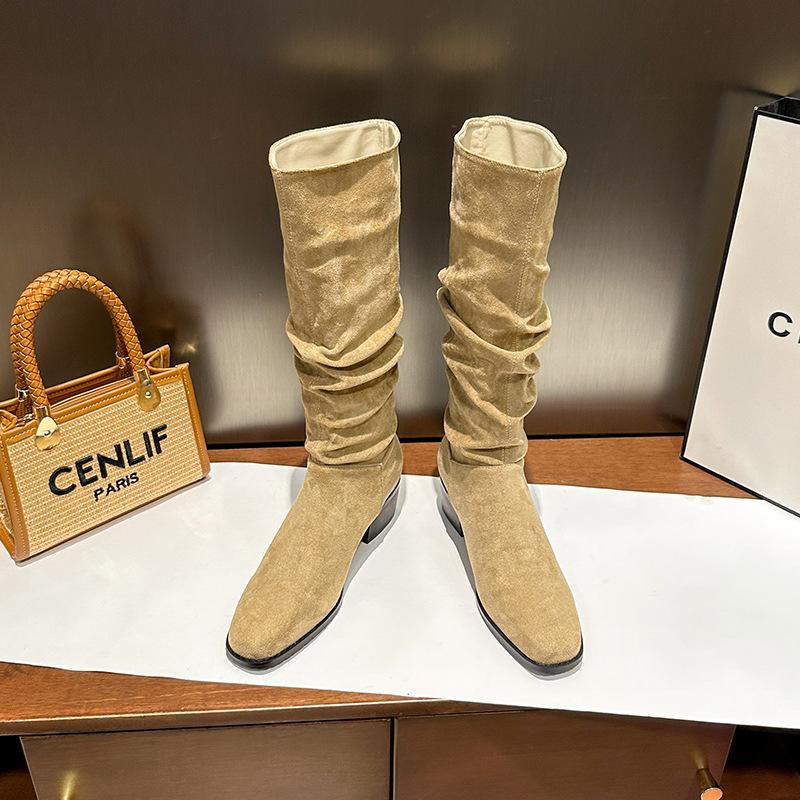 Retro stacking boots women's autumn western cowboy boots medium tube small knight boots heightened