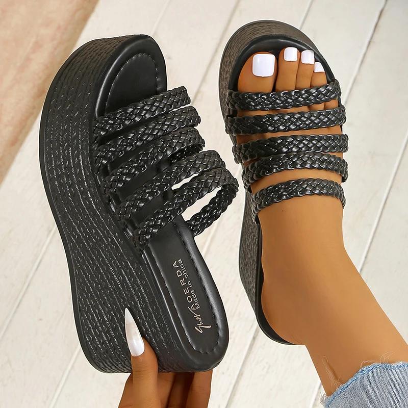 Fashion New Fashion Gold Wedge Sandals for Women Summer Braided Strap Chunky Platform Sandles Woman Thick Bottom Non Slip Beach Slippers
