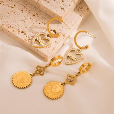 Women Simple Love Shape Drop Earrings Stainless Titanium Steel Pendant Earrings Crystal Round Gold Color Geometric Ear Ornaments