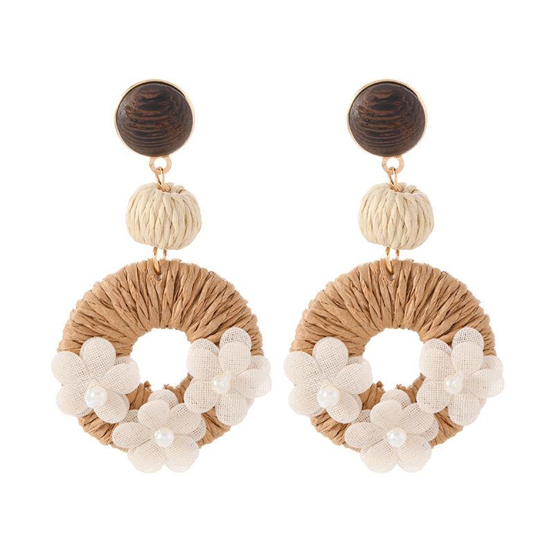 Ručně vyráběné náušnice s květinami z travního ratanu, retro, dovolenkové, bohémské, ostrovní, plážové, dámské náušnice