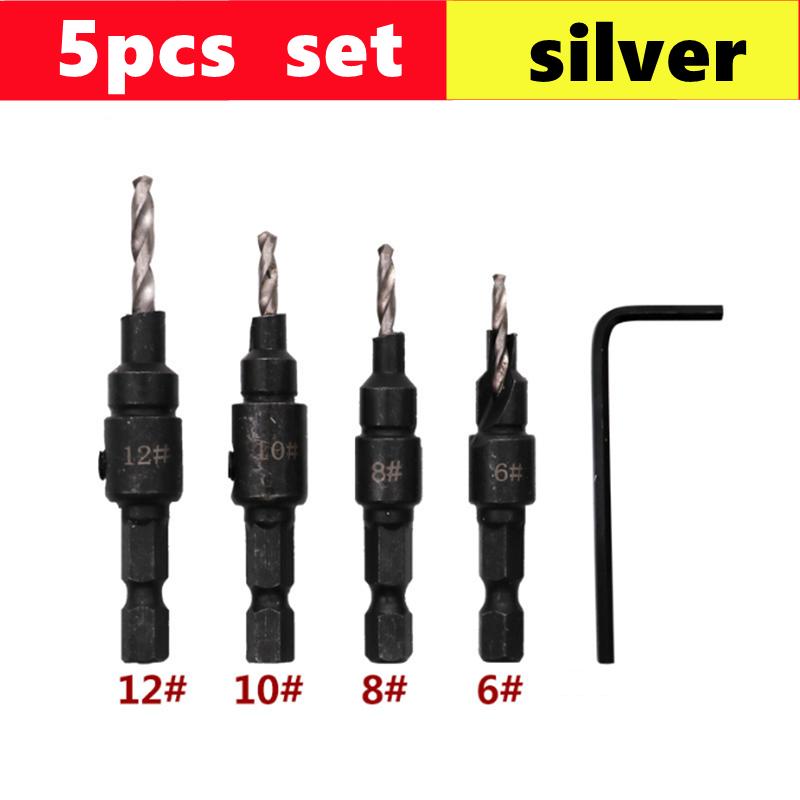5/6pcs Countersink Drill Woodworking Drill Bit Set Drilling Pilot Holes For Screw Sizes #5 #6 #8 #10 #12 With a Wrench Tools