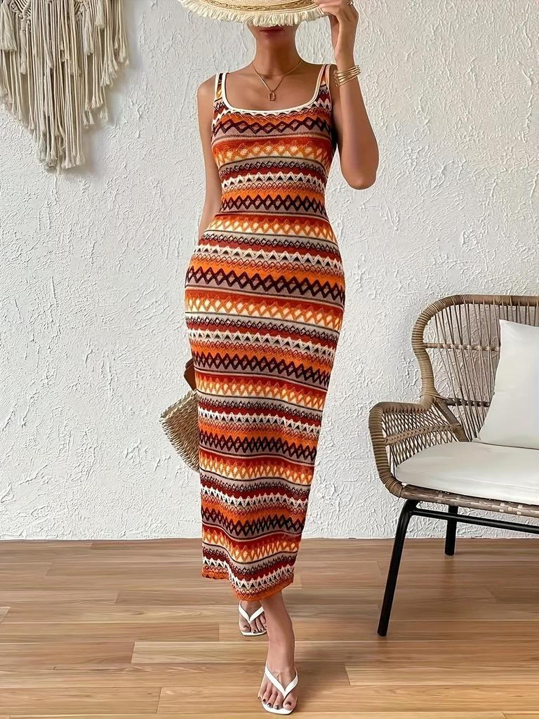 Summer Square Collar Stripe Side Slit Long Dress Women Bohemia Bodycon Dress Sexy Package Hips Sleeveless Tank Dresses Clothing
