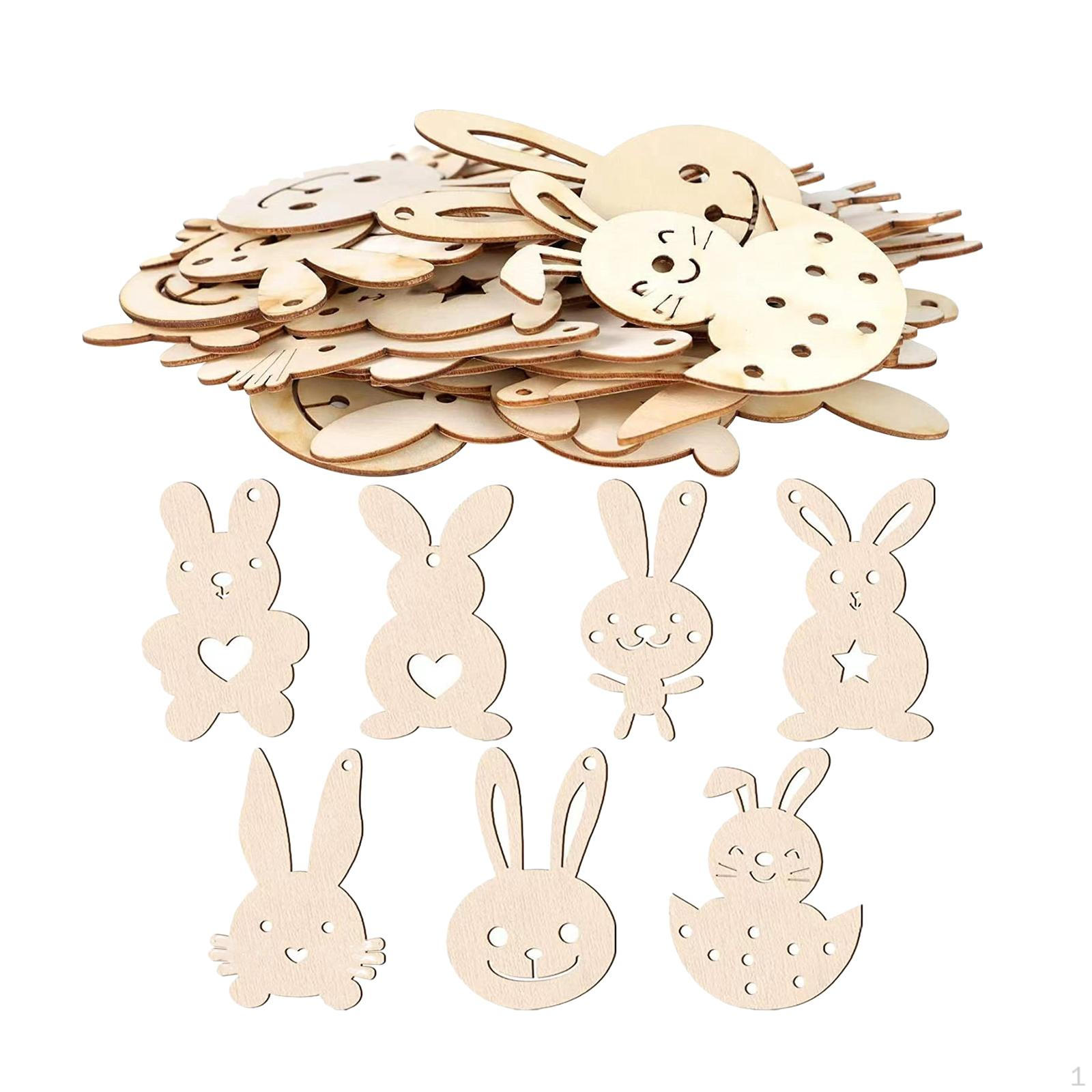

70x Easter Wooden Bunny Cutouts Ornaments with Strings Wood Pieces for Party Favors