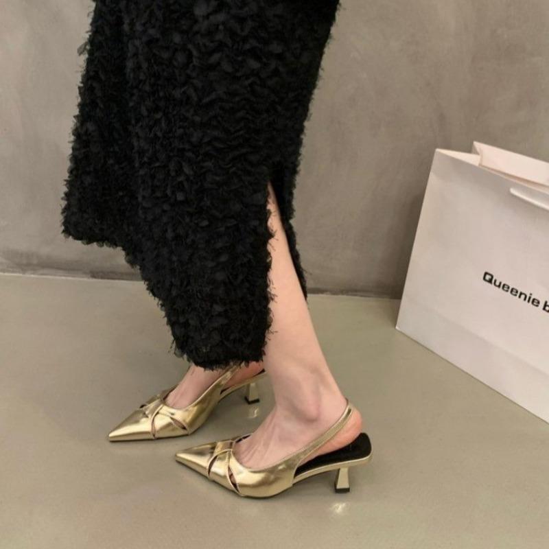 

Fashion New Summer Luxury French Wine Red Pointed Patent Leather Mid-heel Overhead Sandals for Women Retro Skinny Heel Back Empty Shoes 35 золотой