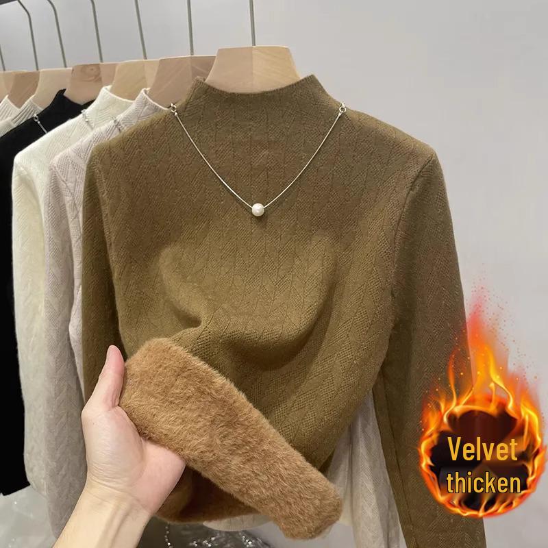Women's Fleece Sweater Base Layer: Plus Velvet Thick Knitwear with Half-High Neck - 2025 Autumn/Winter Collection