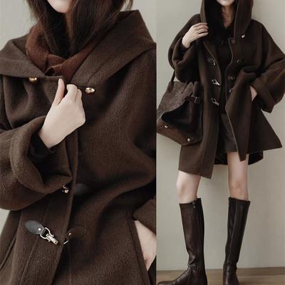 Obojstranný kašmírový kabát z kravského rohu pre ženy na jeseň a v zime, kórejský špičkový krátky vlnený kabát s kapucňou, malý muž