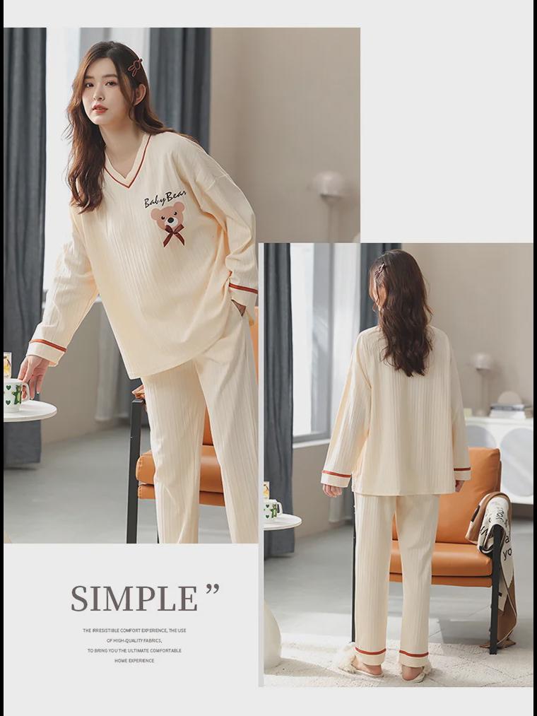 Women's Cotton V-Neck Pajama Set - Long Sleeve, Solid Color, Bear Print, Loose Fit, Spring/Autumn