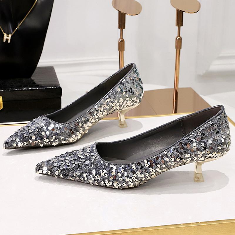 Shoes New Sequin Women's Shoes Sparkling Women Pumps Fashion Kitten Heels 4.5 Cm Low Heeled Luxury Banquet Shoes Size 43