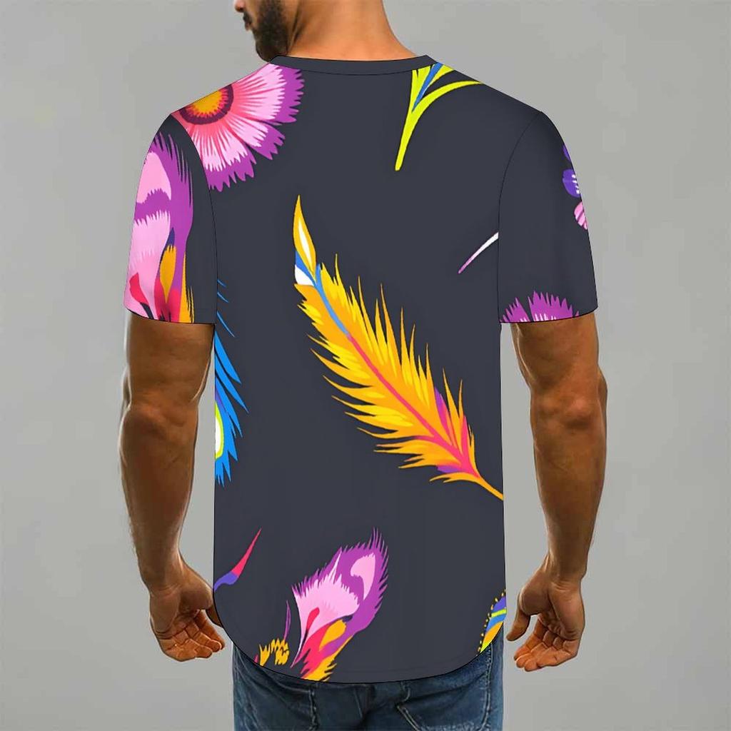 Women Short Sleeve Crew Neck T Shirt Dark Gray Colorful Yellow Purple Feather Floral Print Top