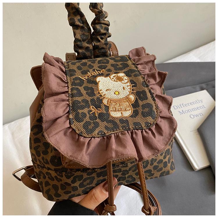 Hello Kitty Rucksack im koreanischen Retro-Stil mit Spitze und Leopardenmuster