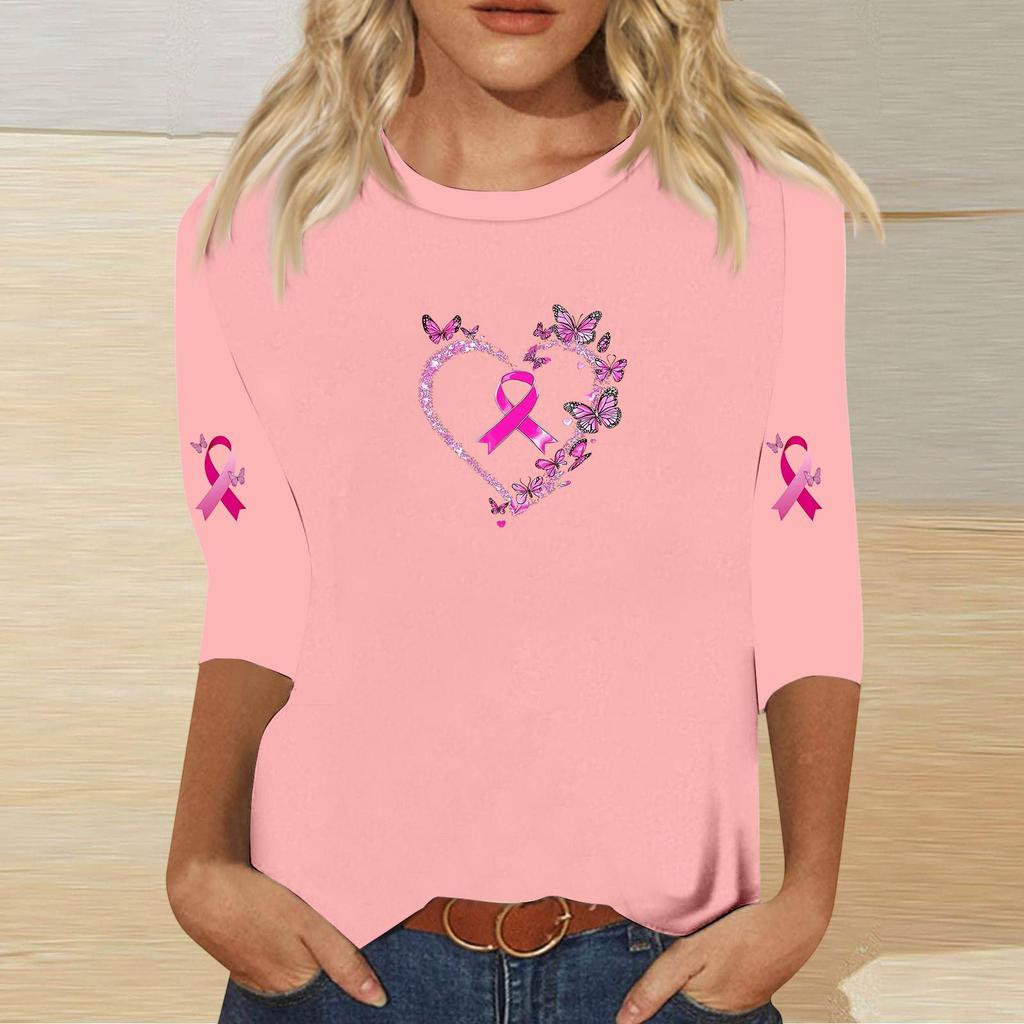 Women's Casual Printed Top with Heart and Butterfly Design, Round Neck, Three-Quarter Sleeves, Loose Fit