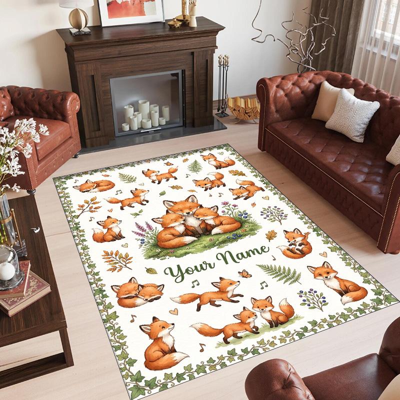 Fox Theme Crystal Velvet Floor Rug Personalized Custom Name Text Warm Carpet Home Decoration