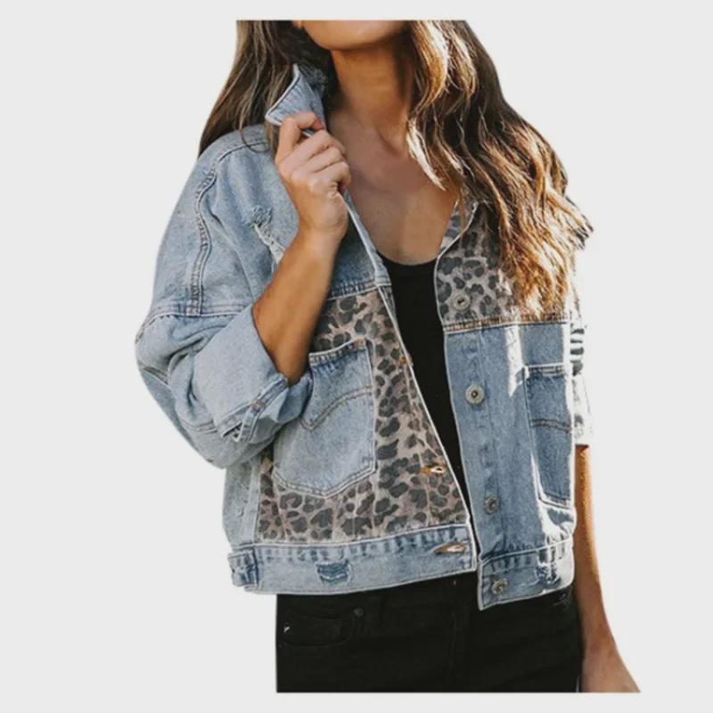 Women's European and American Long Sleeve Leopard Print Denim Jacket