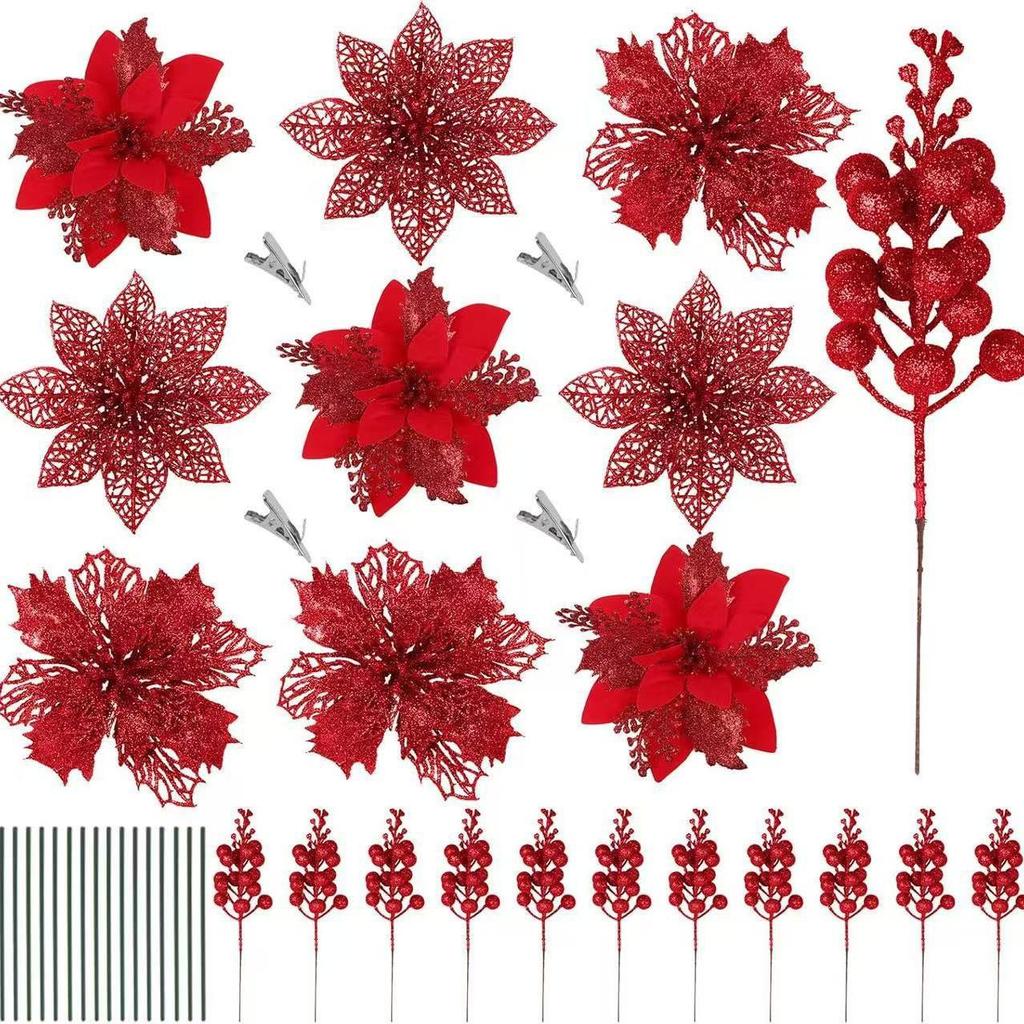 Christmas Handmade Gold & Silver Flower Ornaments with Gold Powder Fruit - Artificial Holiday Decoration Set