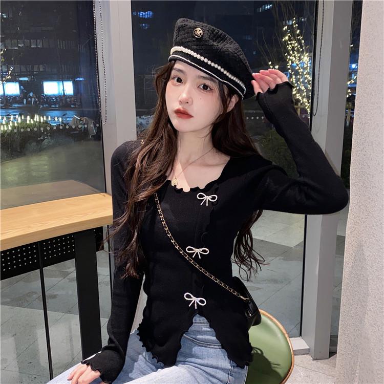 

Черный вязаный свитер большого размера в гонконгском стиле для женщин - Приталенный крой с неровным краем с оборкой One Size чёрный