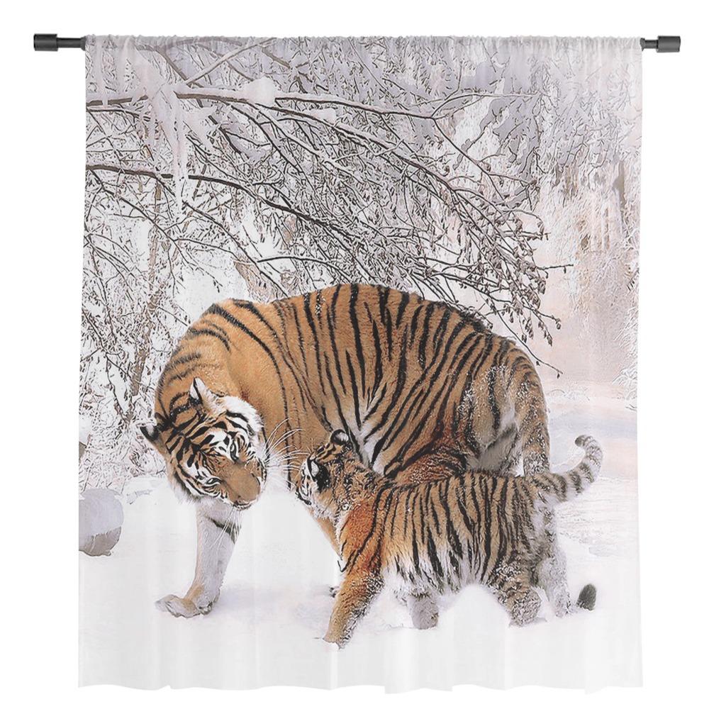 Wild Animal Tiger Walking In The Snow Sheer Curtains for Living Room Ornamentation Window Drapes Kitchen Tulle Sheer Fabric Drapes