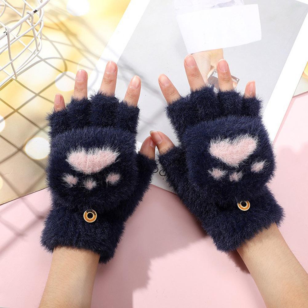 Universal Flip Top Fingerless Half Finger Gloves Thick Mittens Soft Cozy Winter Outdoor Plush Warm Gloves Womens Cute Cat Paw тёмно-синий