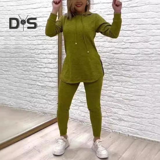 2 ks/sada Dámské Top Kalhoty Set S kapucí Dlouhé Rukávy Jednobarevná Mikina s rozparkem Elastický pas Slim Fit Kalhoty Sportovní outfit Podzim Jarní tepláková souprava