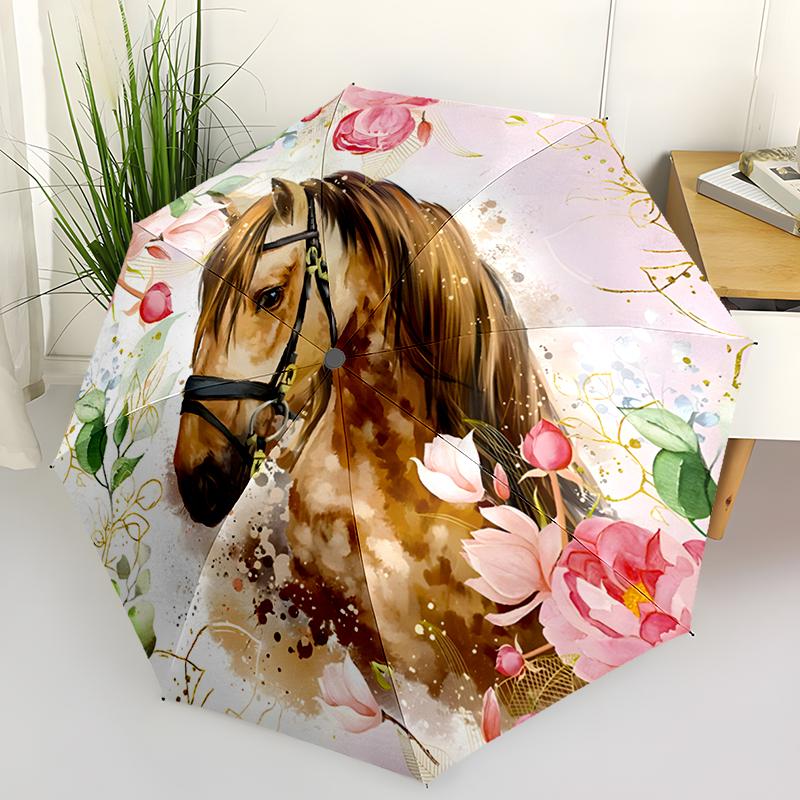 Horse Theme Design Folding Umbrella-Fashionable Auto-Open Design 8 Iron Ribs Plastic Handle Foldable Sunshade,Perfect Gifts