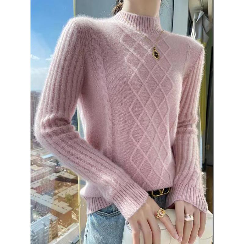 

New semi-turtleneck women s fashion thickened knitted twisted pullover bottoming shirt loose and versatile sweater One Size