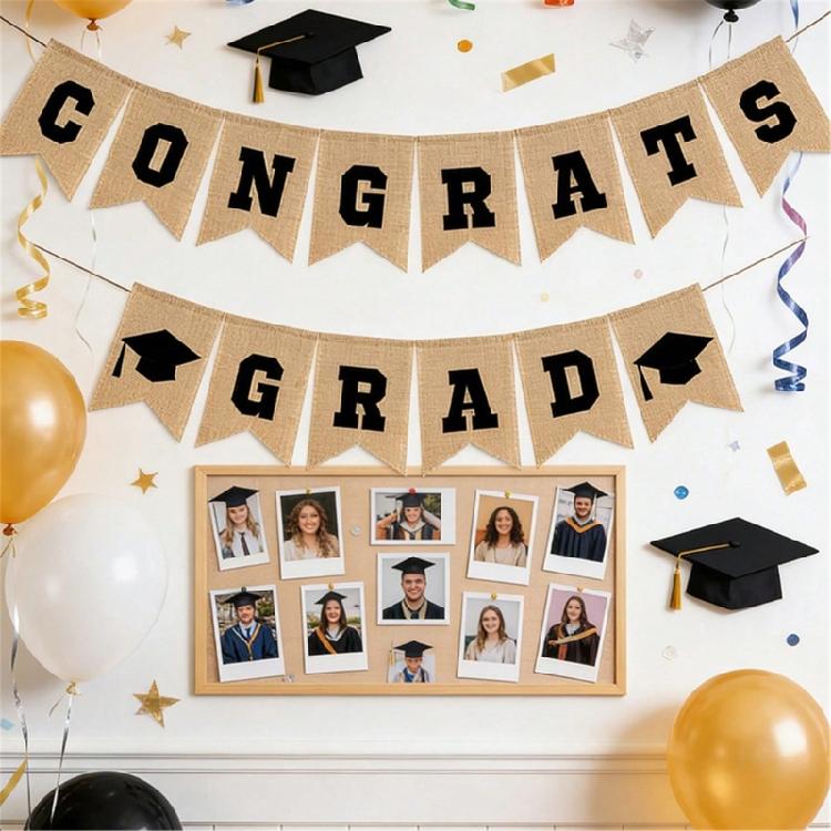 Stylish Graduation Themed Banners Hanging Ornament Linen Fabric Bunting For Party Backdrops Indoor and Outdoor Use