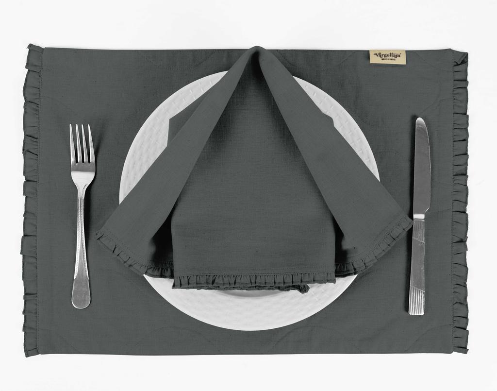 Vargottam Black Solid Home Decor Everyday Washable Frill Placemats With Napkins Dining Table Decor-Pack Of