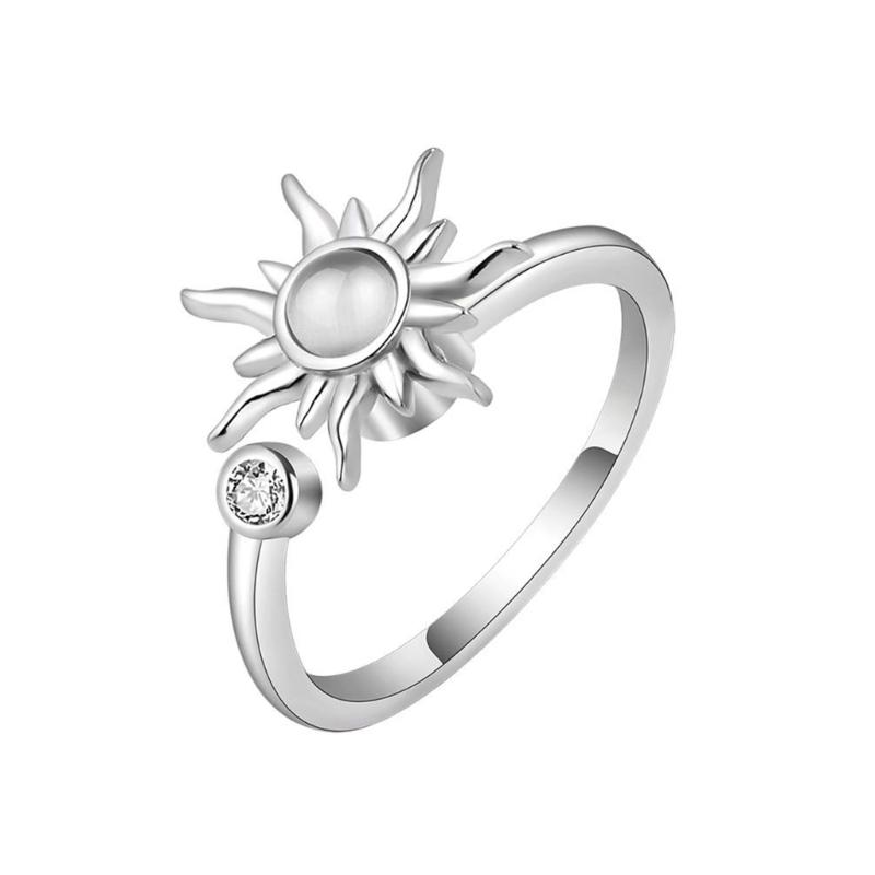 Adjustable Rotating Anxiety Ring For Women Stress Relief Rotating Fidgets Jewelry With Zirconia Sunflower Design In Gold Tone