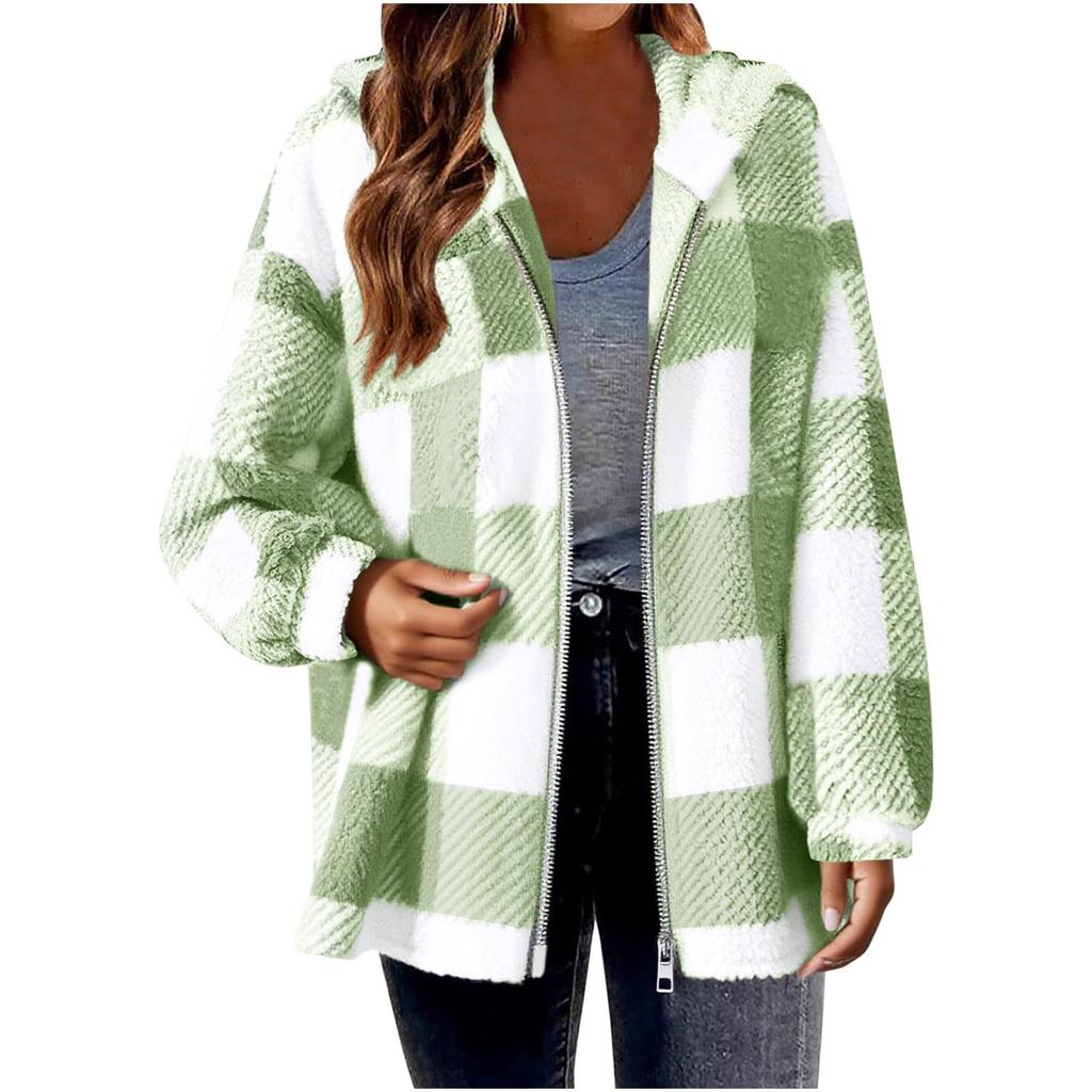 Women's Plaid Zipper Loose Plush Casual Jacket