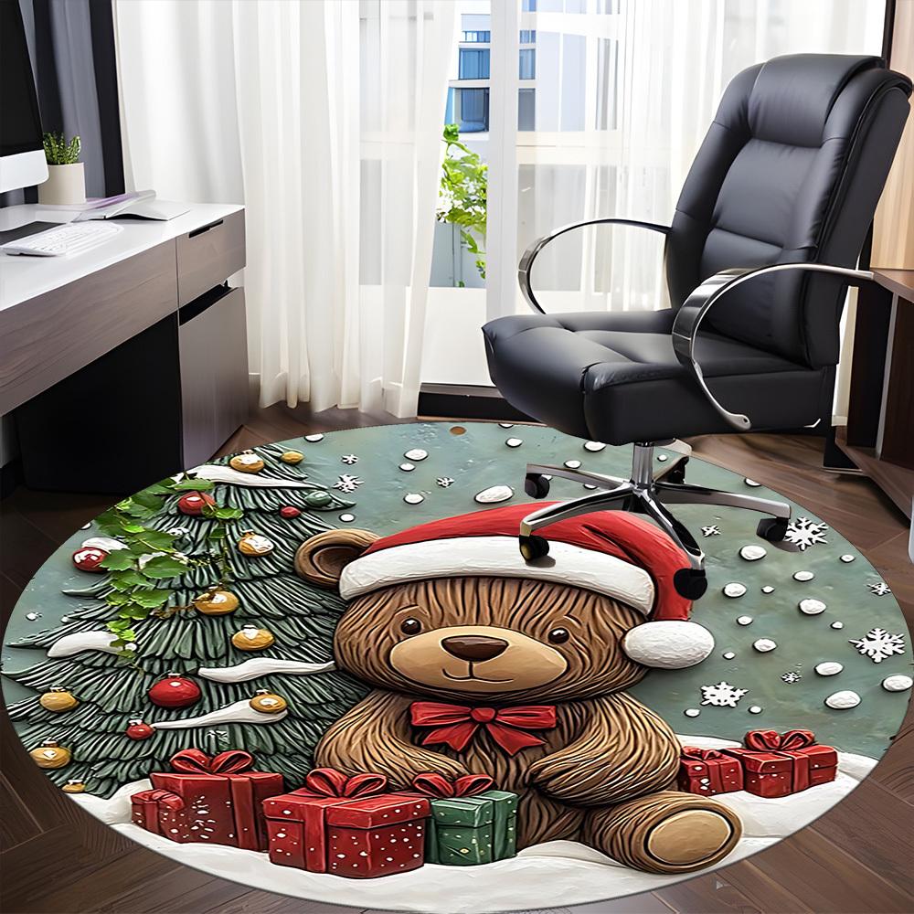 1PC Christmas Bear Office Round Area Rug, Mat Suitable For Office, Under Office Chairs Bedroom Living Room Home Decor, Room Deco