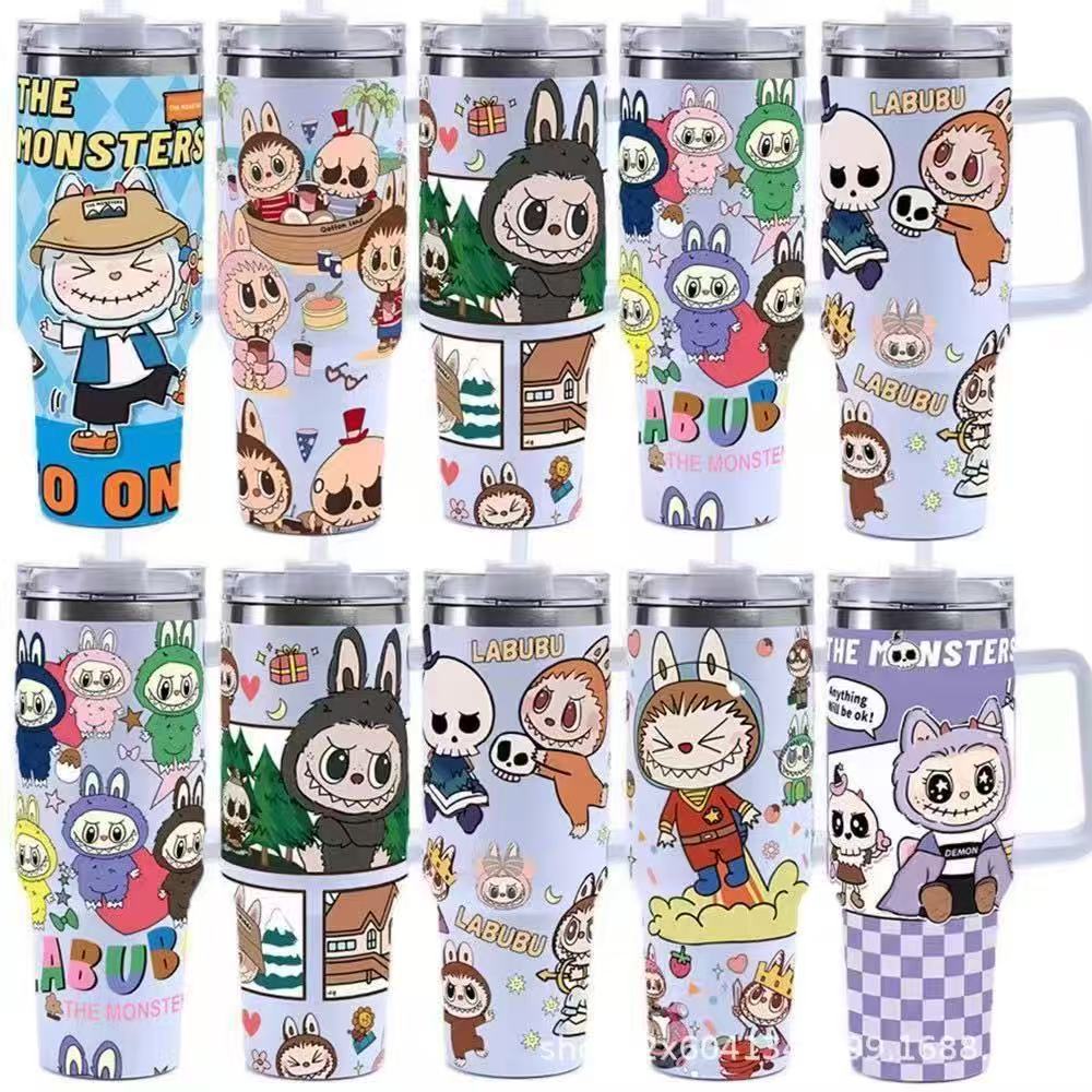 Cartoon pattern Labubu 40oz car cup 304 stainless steel thermos cup Labubu car straw Bingba cup