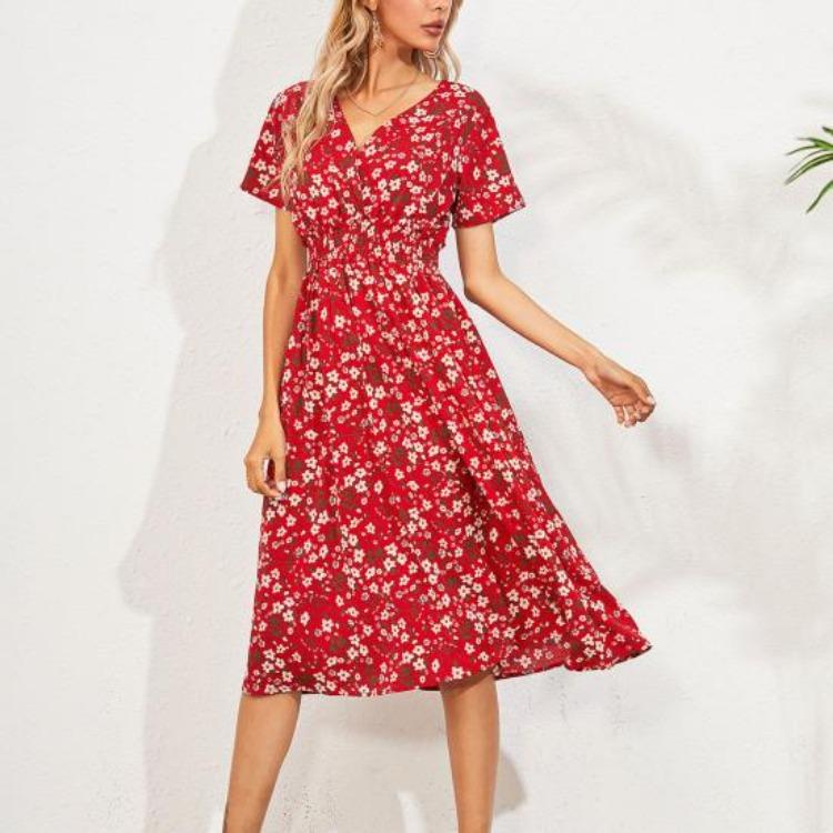 Summer Vacation Floral Print V Neck Loose Dress for Ladies