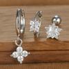 Ensemble de 3 Boucles d'Oreilles Anneau Couronne en Acier Inoxydable Couleur Argent pour Femmes Quatre Fleurs Zirconium Piercing Cartilage Boucle d'Oreille Bijoux Mode