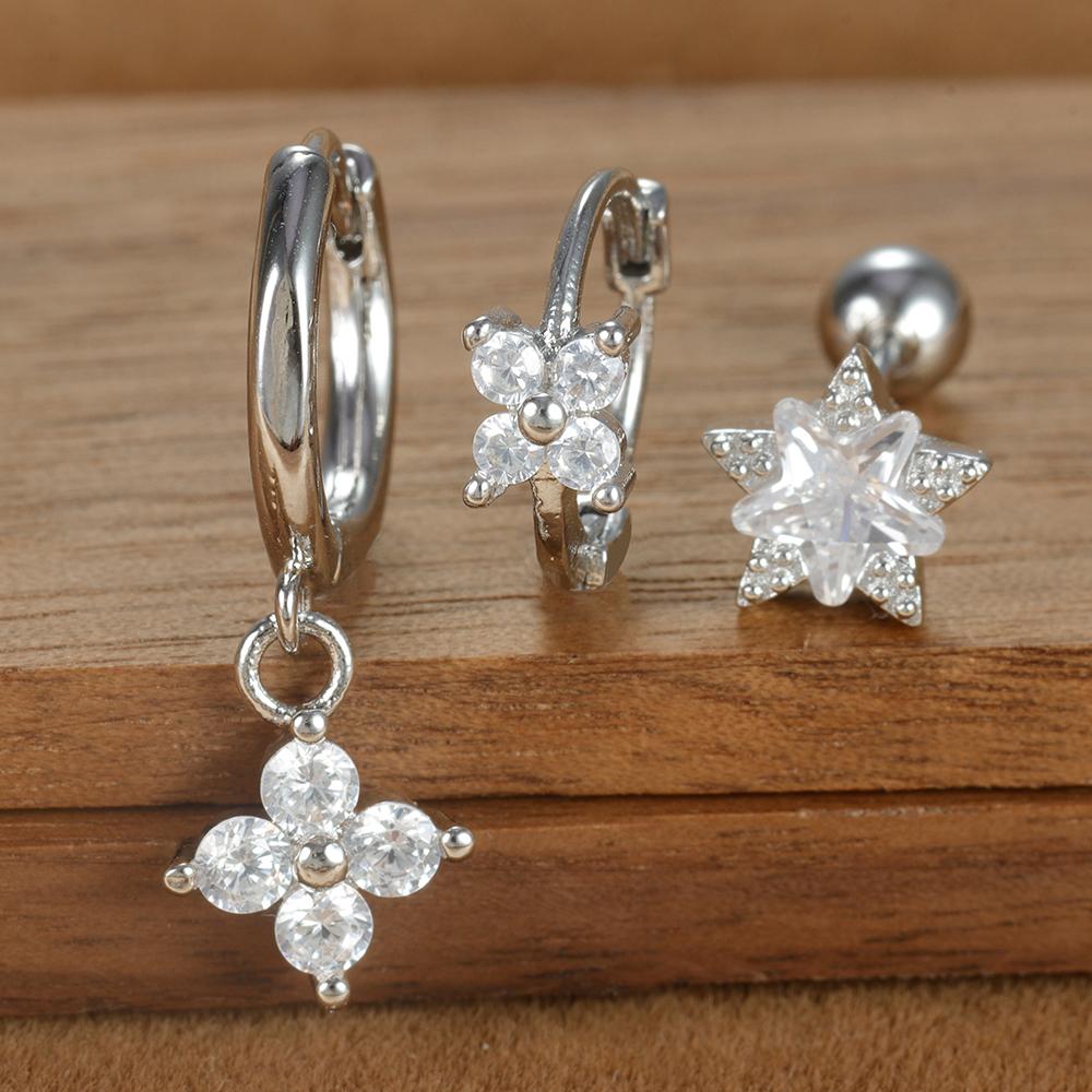 Ensemble de 3 Boucles d'Oreilles Anneau Couronne en Acier Inoxydable Couleur Argent pour Femmes Quatre Fleurs Zirconium Piercing Cartilage Boucle d'Oreille Bijoux Mode
