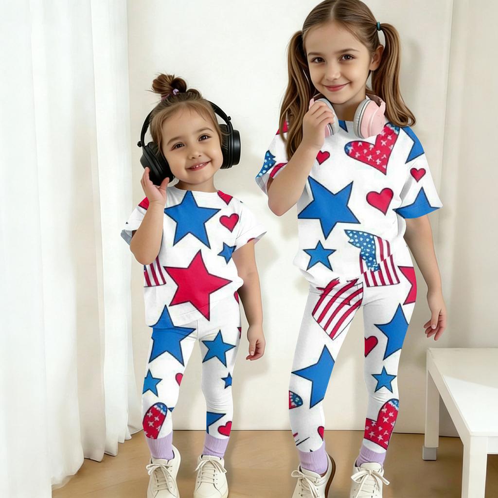 Jungen und Mädchen Unabhängigkeitstag Druck Set Kinder Freizeit Kurzarm Oberteil und Lange Hosen Set