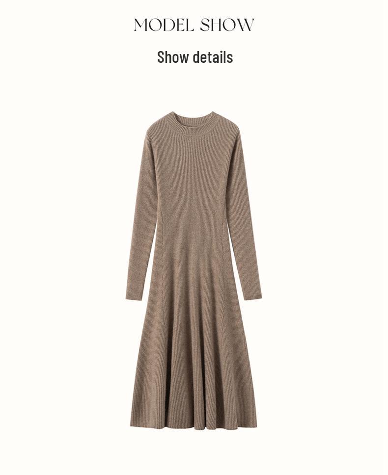 Women's Cashmere Ribbed Midi Dress - Autumn/Winter Solid Color, Slimming Over-Knee Wool Sweater.