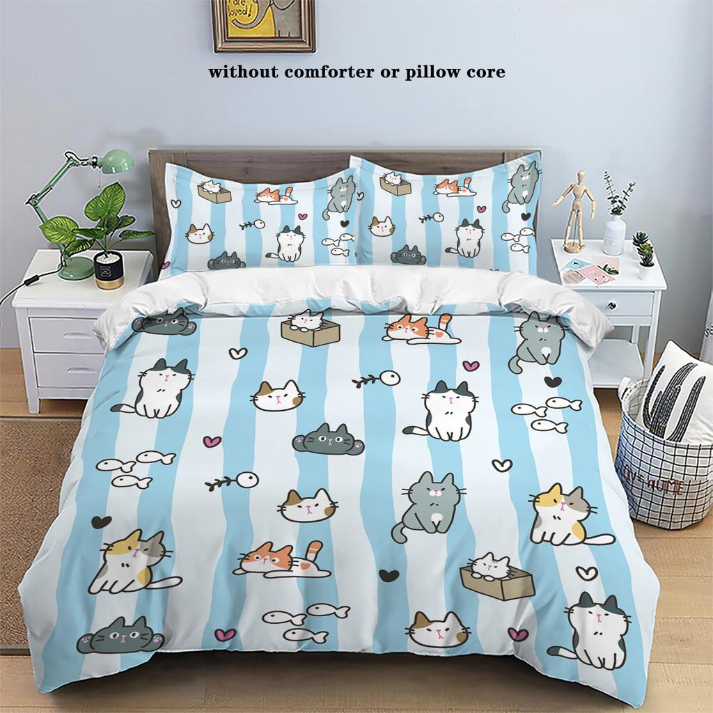 3-piece Down Duvet Cover with Blue Striped Cartoon Cat Pattern Print (1 Down Duvet Cover+2 Pillowcases, No Core) Bedding Set